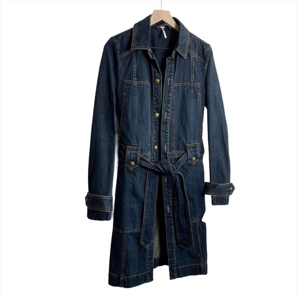 FREE PEOPLE NWT Belted Dark Blue Denim Jacket Coat — Small - Picture 8 of 16